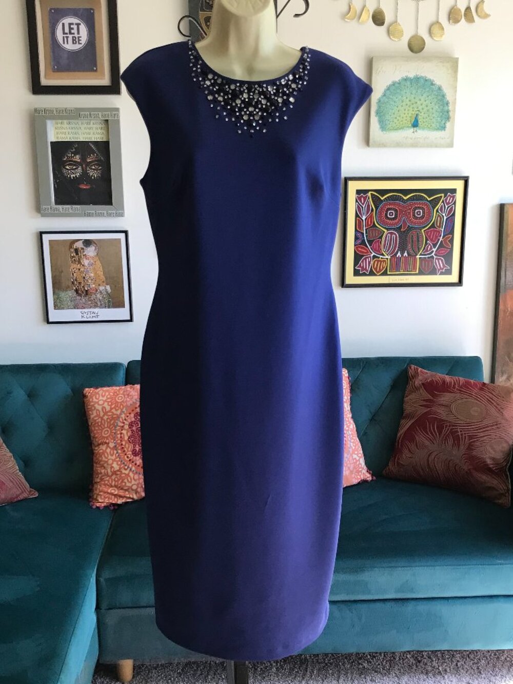 MAGGY LONDON size 10 Navy Blue Sleeveless Jewel Embellished Midi Sheath Dress